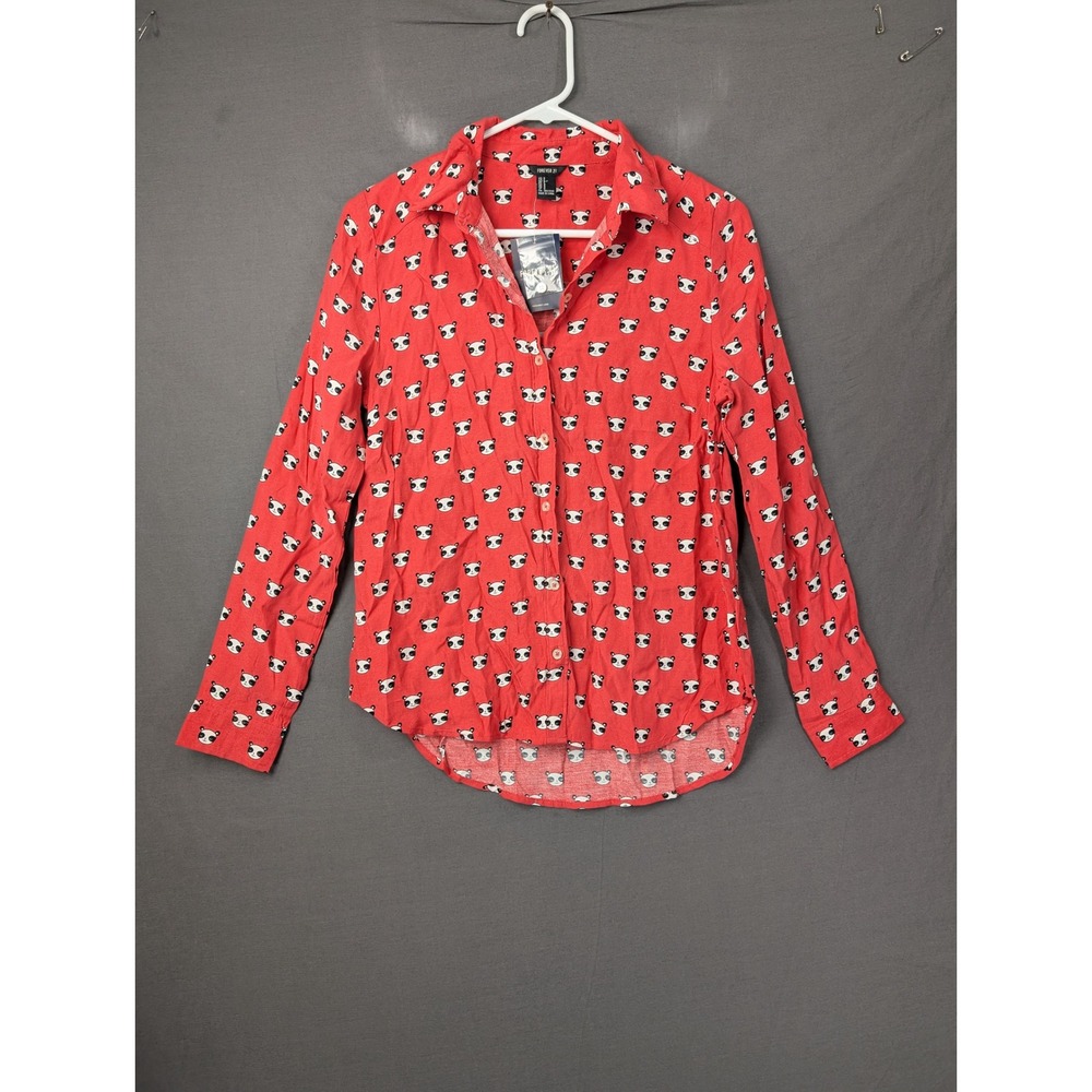 Forever 21 Panda Print Long Sleeve Button Up Shirt Red Small NWT 8097